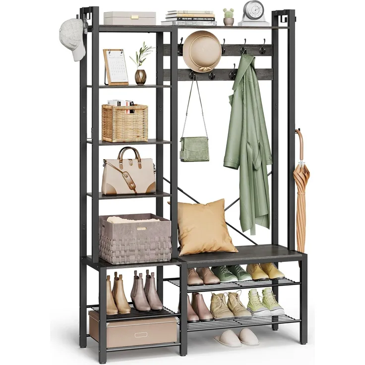 Vasagle Garderobenständer mit Schuhbank, Garderobe, 5 Regalebenen aus Spanplatten, 9 Dreifach-Haken, 6 seitliche Haken, Holzspanplatte, Stahl, steingrau-tintenschwarz, 40 x 120 x 190 cm