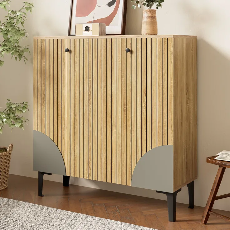 Schuhschrank mit 3 Türen in Holzoptik, Stauraum, 90x32x94 cm