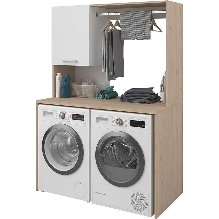 Vente-unique - Schrank für 2 Waschmaschinen mit Kleiderstange und Schrank – L129 x H184 cm – ARNEKO – Bild 6