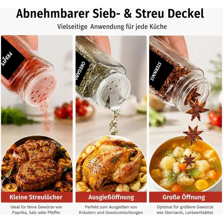 Gewürzgläser Set 12 Stück, 120ml mit Deckel, Bambus, Gewürzstreuer – Bild 3
