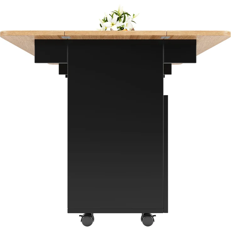 Kücheninsel 120 cm Schwarz & Natur mit klappbaren Seitenbeinen, Küchenwagen aus MDF, Metall und Glas, mit Stauraum, offenen und geschlossenen Ablagen, 79.5cmx120cmx70cm – Bild 10