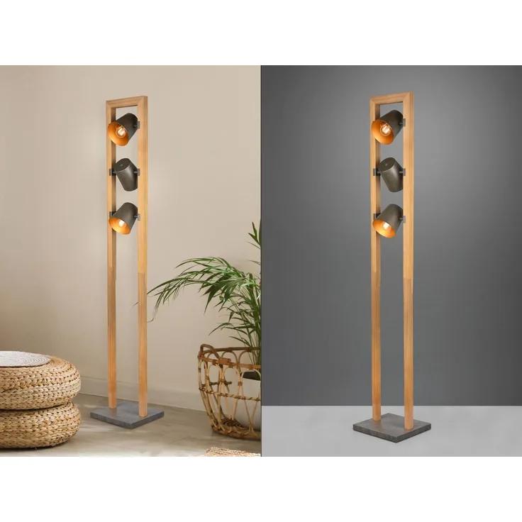 LED Stehleuchte 3-flammig aus Naturholz mit Metall Lampenschirmen, Höhe 150cm