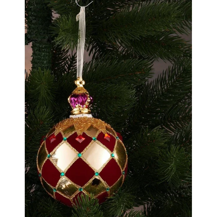BRUBAKER Weihnachtsbaumkugel Premium Weihnachtskugel "Royal King" - Königliche Baumkugel Gold Rot (1 St), Kariert mit Samt, Glitzer und Krone - 14 cm große Baumkugel aus Glas – Bild 2