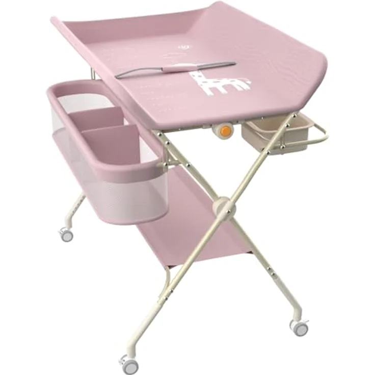 Wickeltisch, zusammenklappbar, mit Aufbewahrungskorb, Struktur aus Eisen, max. Belastung 25 kg, für Neugeborene, ergonomisches Design, Wickeltisch, 75 x 68 x 83–91 cm (A) Rosa – Bild 1