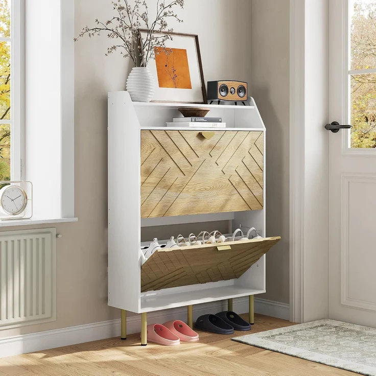 GarveeHome Schmaler Schuhschrank Mit 2 Klappen, Schlanker Freistehender Schuhschrank Für Den Eingangsbereich,Mit Kippschutz-Set, Verdecktes Schuhfach Mit Einlegeboden – Bild 8