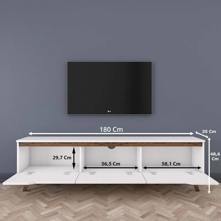 Dmora - Fernsehschrank COR, Ständer für Wohnzimmerfernseher, Niedriges Wohnzimmer-Sideboard, TV-Ständerbasis, 180x35h49 cm, Weiß und Walnuss – Bild 3