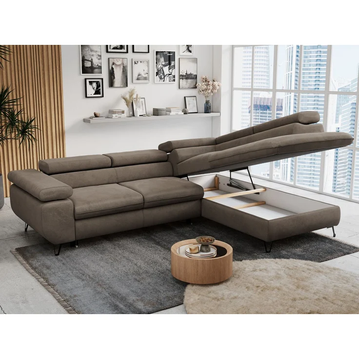 Mks Möbel 'Peter L-form' Ecksofa mit Bettfunktion, Bettkasten & einstellbaren Kopfstützen, Braun, Velours, mit Topper, rechts – Bild 3