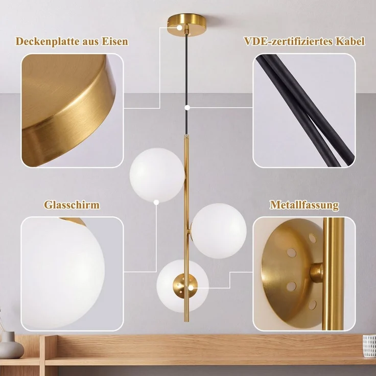 Nettlife Pendelleuchte 1/2/3flammig G9 Glas Kugel gold modern Hängeleuchte Esstisch, ohne Leuchtmittel, für Esszimmer Wohnzimmer Küche Schlafzimmer – Bild 4