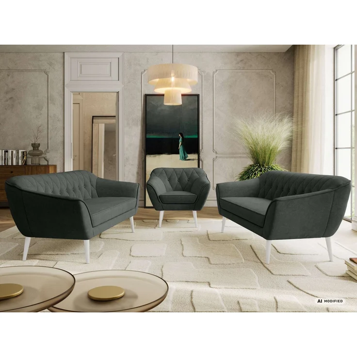 Wohnzimmerset, Möbelset PIRS 3-3-1, Armlehnen, Wellenfederung, weiße Füße, Dreisitzer Sofas mit Sessel, Polstermöbel Set - Dunkelgrau Stukture – Bild 4