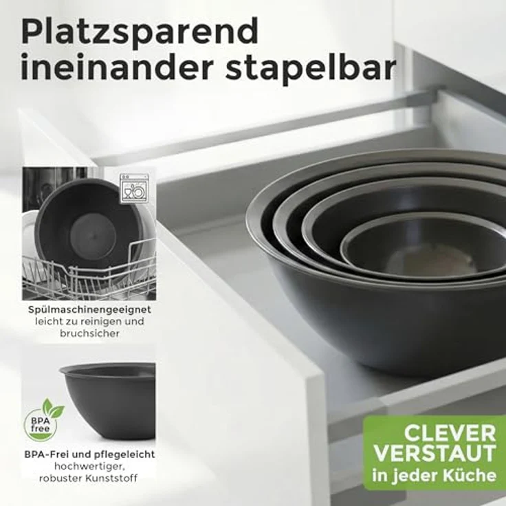 Hausfelder Salatschüssel Schüssel Set groß mit Deckel, 0,7-6 L Anthrazit Schwarz), Kunststoff, (8-tlg), Schüsseln 1x6 L, 1x3,6 L, 1x1,9 L, 1x0,7 L – Bild 6