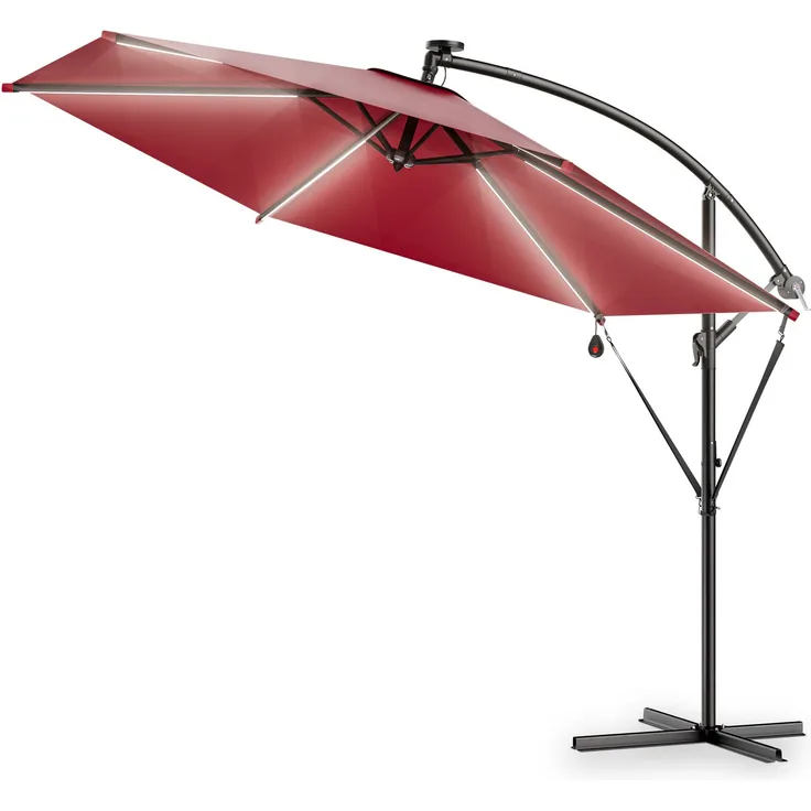 Kingsleeve Sonnenschirm 350 cm 24 LED Beleuchtung UV Schutz 30+ Solar Kurbel Neigbar Ampelschirm rot