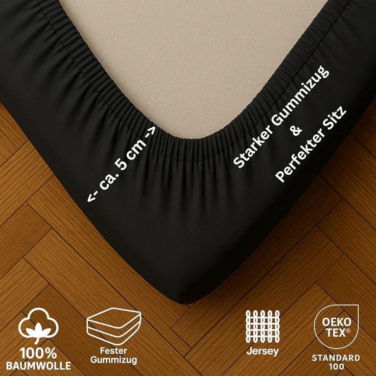 EXKLUSIV HEIMTEXTIL Jersey Spannbettlaken Premium 90 x 200 cm Schwarz 100% Baumwolle Öko - Tex Zertifiziert Bed-Sheet Bettlaken Spannbetttuch Topper Leinentuch – Bild 4