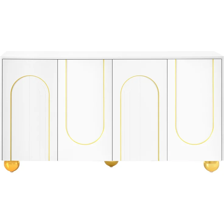 Merax Wohnzimmerschrank, Viertüriges Sideboard, Esszimmer Staurschrank mit Bogen-Goldlinien-Dekor, mit kugelförmigen Metallfüßen, Weiß – Bild 7