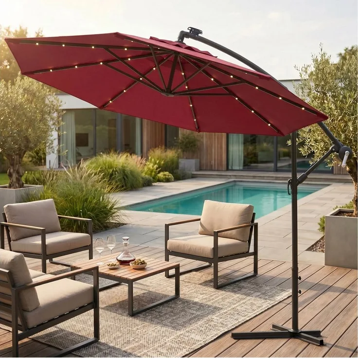 Swing&Harmonie Sonnenschirm mit LED Beleuchtung Luxus Ampelschirm 300 / 350cm, Garten Schirm inkl. Abdeckhaube