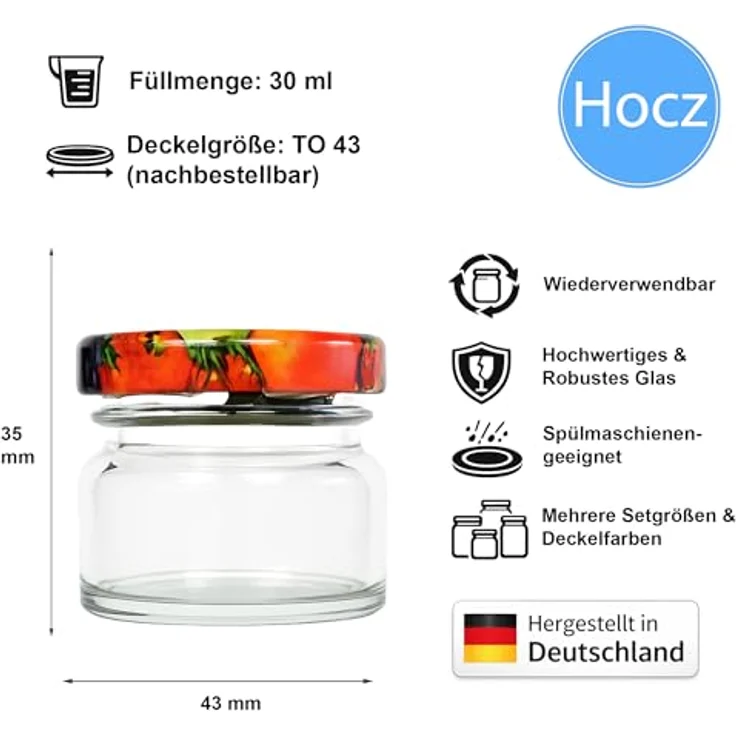 hocz 100x Mini Marmeladengläser 30 ml | mit Deckel Obst TO 43 | kleine Einmachgläser mit Schraubdeckel zum befüllen | Schraubgläser, Sturzgläser Set | leere Gläser für Marmelade | 100 Stück – Bild 2