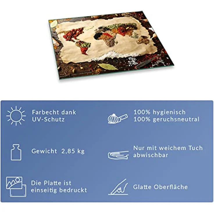 Herdabdeckplatte Abdeckung Ceranfeld Abdeckplatte Schneidebrett 1-Teilig 60x52 Gewürze Weltkarte Beige Spritzschutz Glasplatte Ceranfeldabdeckung Schutz Herdschutz Sicherheitsglas Glasschneidebrett – Bild 7