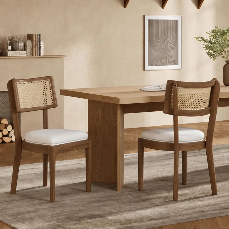 Esszimmerstühle, Massivholz mit Rattan-Rückenlehne, Set aus 2, 50x58x88 cm, Walnuss