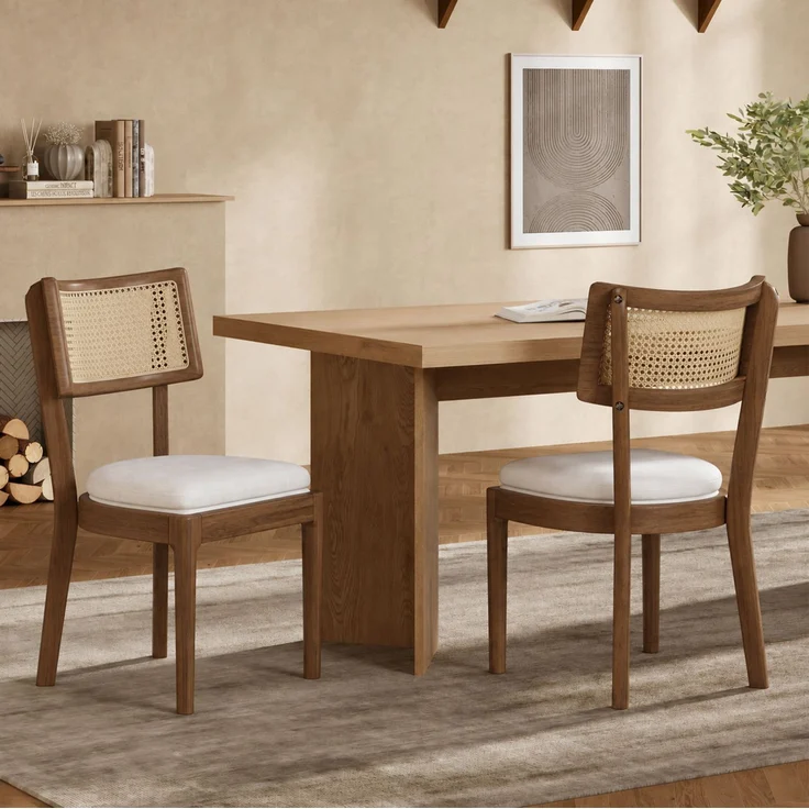 Esszimmerstühle, Massivholz mit Rattan-Rückenlehne, Set aus 2, 50x58x88 cm, Walnuss – Bild 1