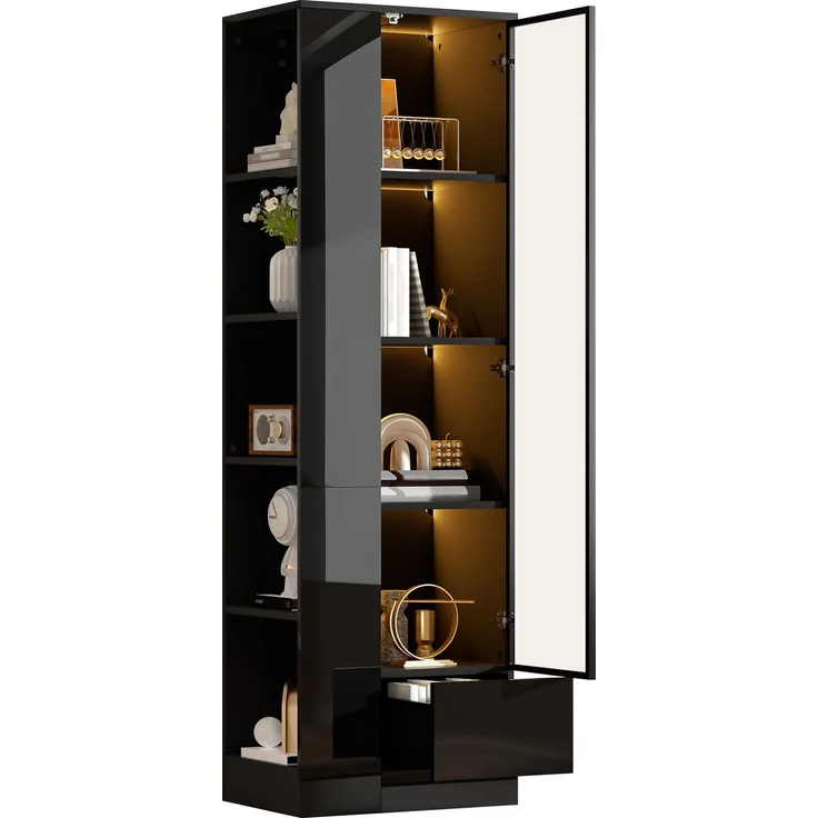 Vitrine mit Glastür & LED-Beleuchtung – Hochglanz-Schrank mit Schubladen & offenen Fächern, viel Stauraum für Wohnzimmer & Esszimmer, Schwarz, 50x35x160 cm – Bild 5