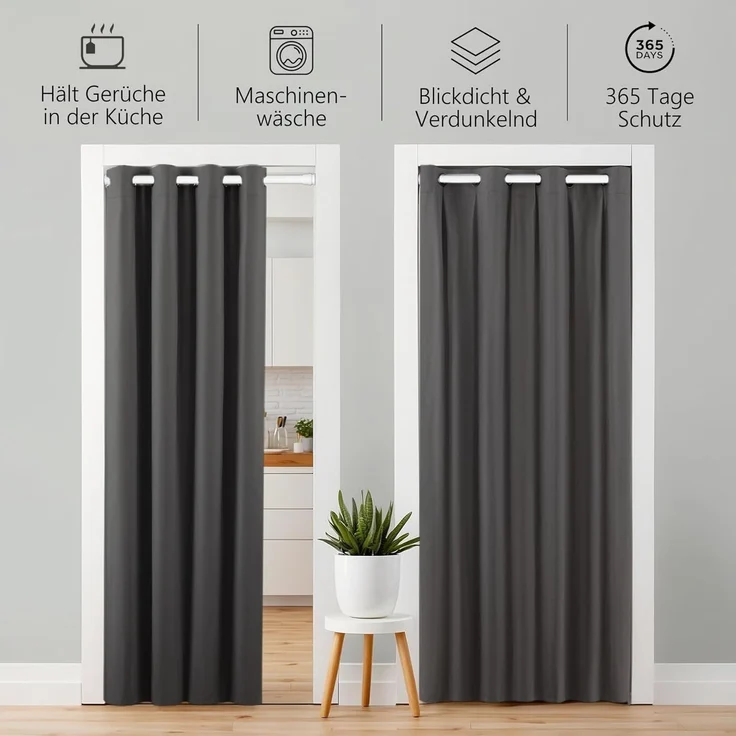 tinycurtains Türvorhang mit Stange weiß 70-120 cm Thermo Vorhang ohne Bohren, blickdicht, Ösen, verdunkelnd, Polyester, blickdicht, Anthrazit Nebula, Türgardine mit Klemmstange verdunkelnd – Bild 3