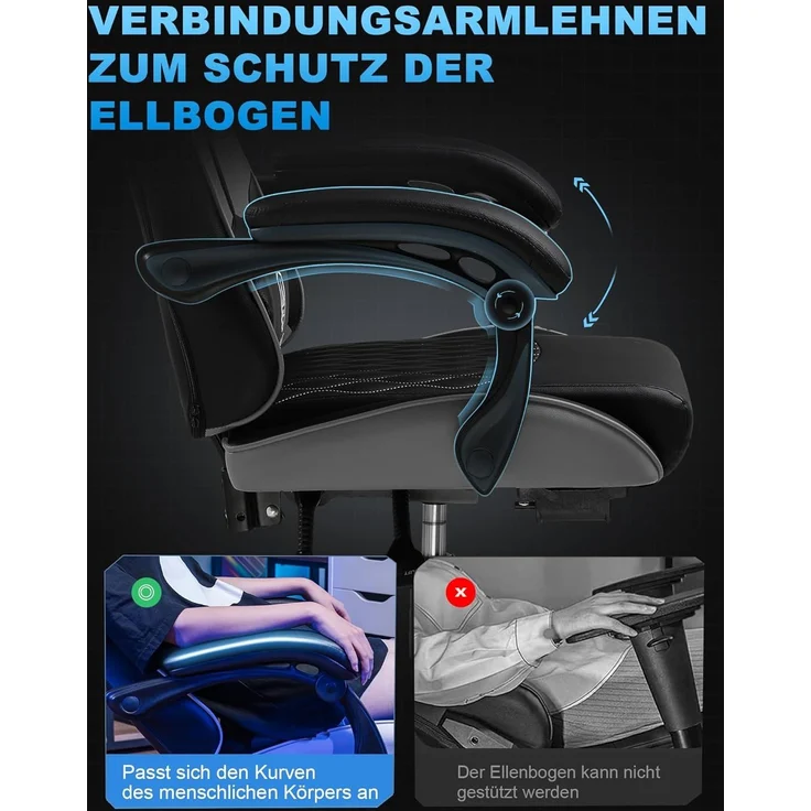GTPLAYER Gaming Stuhl, Gamer Stuhl, Ergonomischer Bürostuhl mit mit Fußstütze verstellbare Lenden und Kopfkissen, Gaming Chair Gepolstert, Gaming Sessel 150 kg Belastbarkeit grau – Bild 6