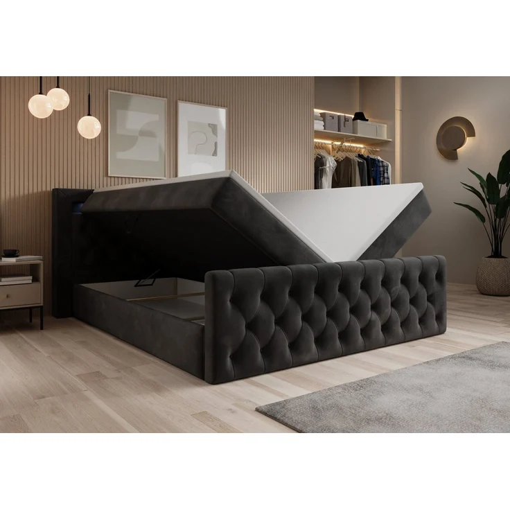 thematys Boxbett LED mit Bettkasten 160x200cm, mit Bonnellfederkernmatratze H3, Bouclé/Velours, mit Stauraum, mit 3 cm Topper, Grafit (Velutto 19), Art.-Nr. S04JN0YRA5N – Bild 2