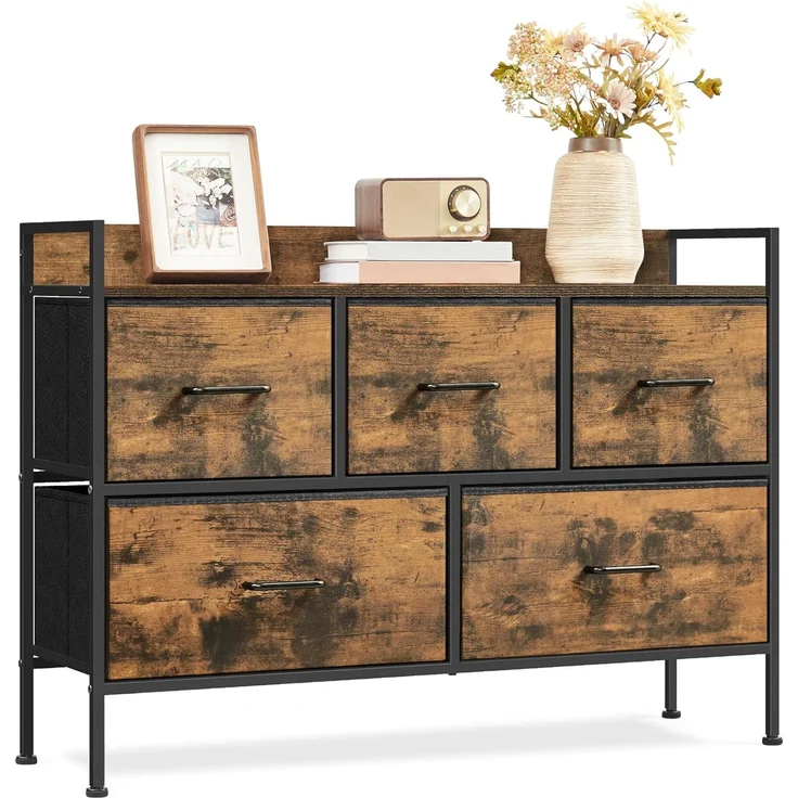 Songmics Kommode, 5 Stoff-Schubladen mit Griffen, MDF / Stahl vintagebraun, 70 x 29 x 98,2 cm