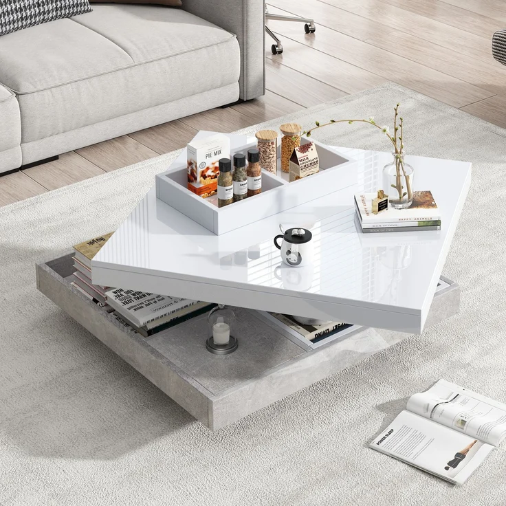 Couchtisch 70 x 70 x 36 cm, moderner Hochglanz-Wohnzimmertisch in Weiß mit marmorfarbenem Sockel – Bild 4