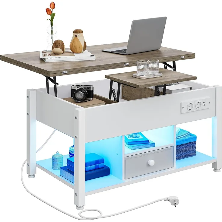 YITAHOME Couchtisch mit Höhenverstellbarer, 4-in-1-Multifunktions-Couchtisch mit Stauraum und LED Beleuchtung, Couchtisch lässt Sich in einen Esstisch für das Wohnzimmer umwandeln, Weiß&Grau