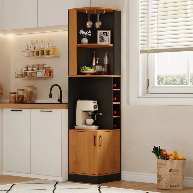 Eck-Weinschrank aus MDF mit Weinglasregal, Weinfächern und Kippsicherung, 40x40x182 cm, Schwarz – Bild 2