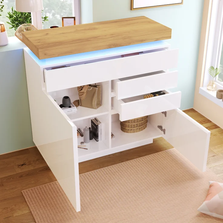 Sideboard Hochglanz mit LED (App/Touch), 2 Türen & 3 Schubladen, 110x39x115 cm, Weiß – Bild 2