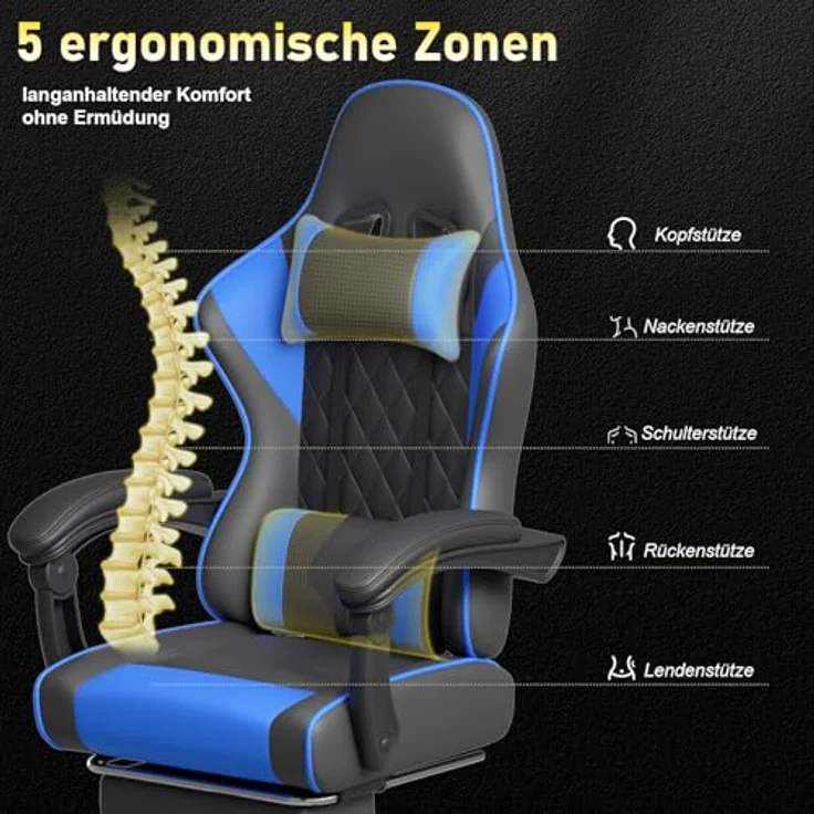 JUMMICO Gaming Stuhl mit massagefunktion, ergonomischer Gaming Stuhl,EIN Gamingstuhl mit Lendenkissen, Fußstütze und Kopfstütze,PC - Stuhl, Tragfähigkeit 150 kg - Blau – Bild 6