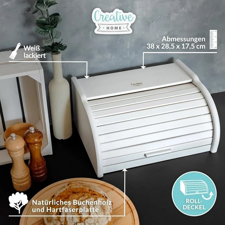 Creative Home Brotkasten Holz 38 x 28,5 x 17,5 cm Brotkiste mit Rolldeckel Brotbox – Bild 3