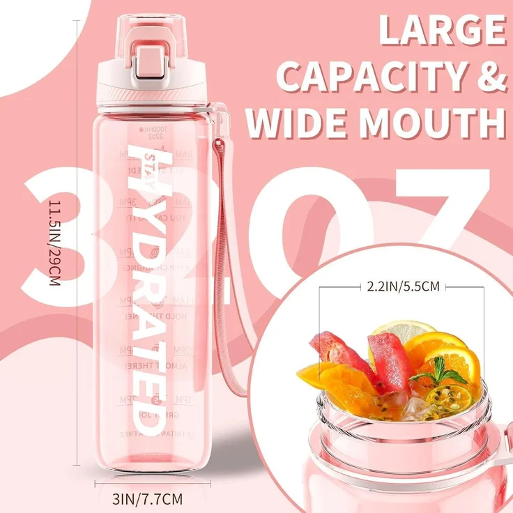 Mevoly Trinkflasche 1L BPA-Frei Tritan Sport Zeitmarkierung Rosa – Bild 6