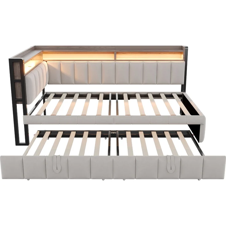 Polsterbett Schlafsofa 90x200 cm mit Ausziehbett, LED-Beleuchtung und Ablagefächern am Kopf- und Fußende, Ausgestattet mit USB- und Typ-C-Anschlüssen. Einzelschlafsofa, Samtstoff Hellgrau – Bild 7