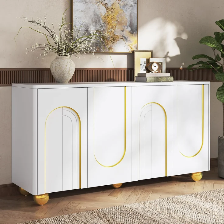 Merax Wohnzimmerschrank, Viertüriges Sideboard, Esszimmer Staurschrank mit Bogen-Goldlinien-Dekor, mit kugelförmigen Metallfüßen, Weiß – Bild 3