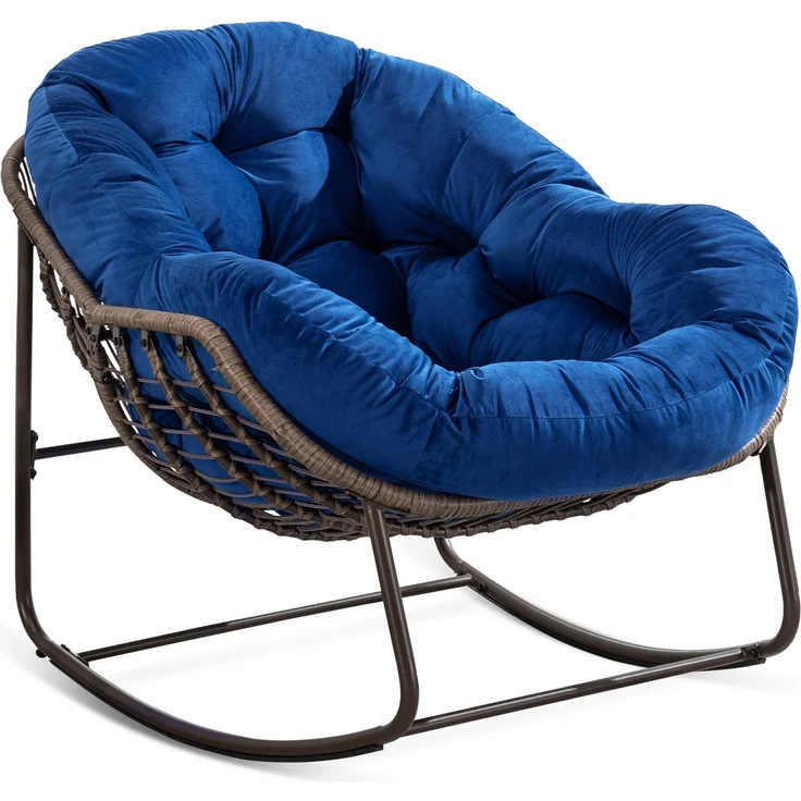 Gepolsterter Schaukelstuhl aus Rattan für den Außenbereich, ideal für Veranda, Wohnzimmer, Terrasse und Garten, Marineblau, 93 x 73 x 23 cm, YOUDENOVA – Bild 9