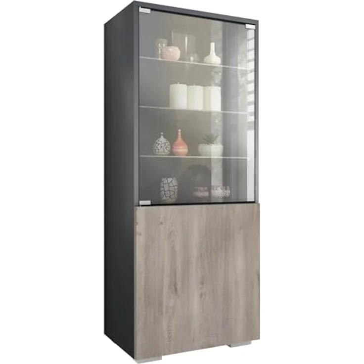 Vladon Standvitrine Granada (Vitrinenschrank, mit Glastür und Glaseinsatz) Anthrazit matt/Eiche Nordic (50 x 122,5 x 34,5 cm) – Bild 2