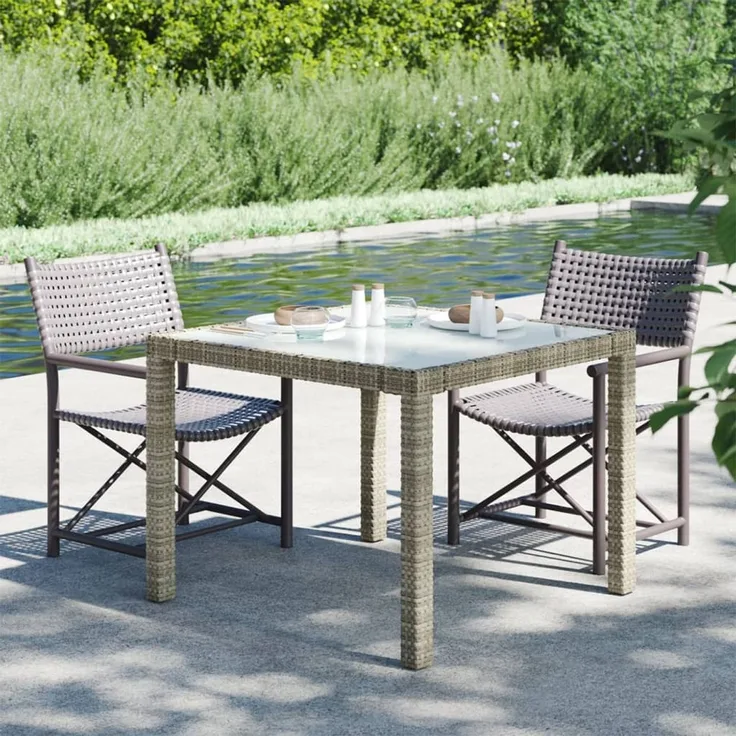 Gartentisch, Balkontisch, Esstisch 90 x 90 x 75 cm Gehärtetes Glas Poly Rattan Grau