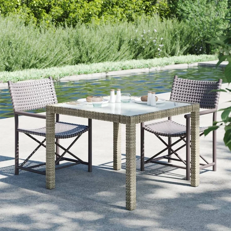 Gartentisch, Balkontisch, Esstisch 90 x 90 x 75 cm Gehärtetes Glas Poly Rattan Grau – Bild 1