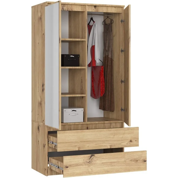 Raumhirsch Furniture Kleiderschrank - Maximale Funktionalität - Schlafzimmerschrank Hochwertige Laminatplatte, Kunstspiegel, zwei Türen & Schubladen