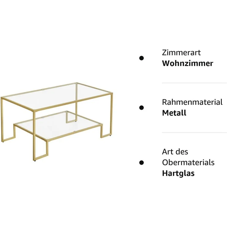 VASAGLE Couchtisch, Glastisch, Wohnzimmertisch, 2 Ablagen aus Hartglas, Stahlgestell, 100 x 55 x 45 cm, Dekoration, für Wohnzimmer, goldfarben – Bild 9