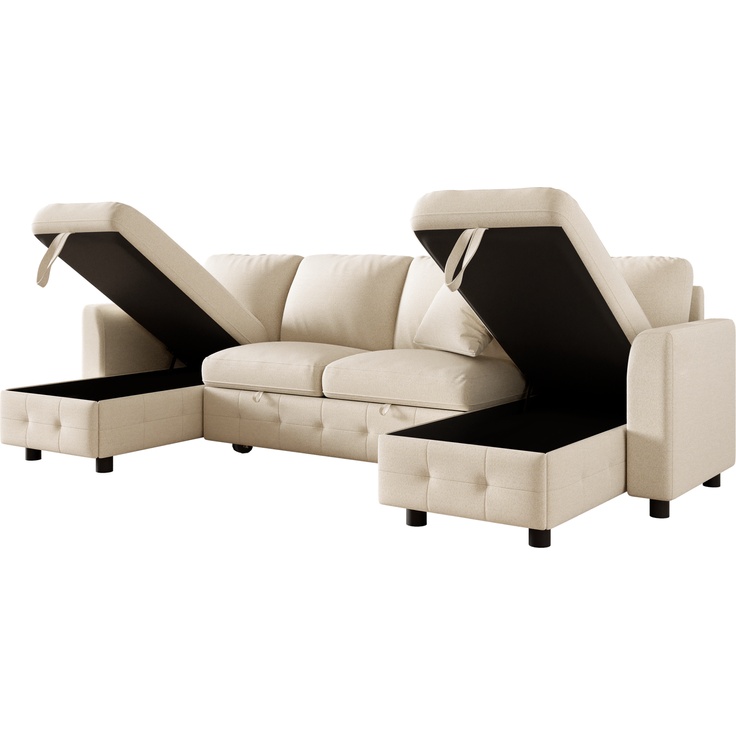 Merax U-Form Chenille Sofa mit Schlaffunktion, Schlafsofa mit 2 Stauraum-Chaiselongues, ausziehbares Schlafsofa mit 1× USB & 1× Type-C Ladeanschluss, mit 2 Kissen, Beige, 260×128×82 cm – Bild 9