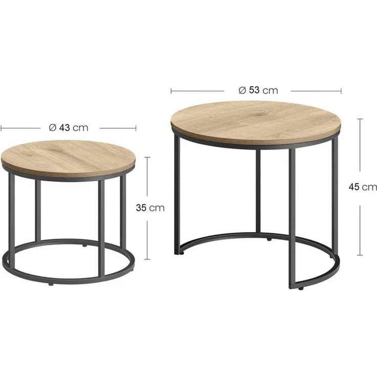 Home Collective Couchtisch 2er Set Beistelltisch Loft Design 2in1 Verschachtelung Wohnzimmer, kratzfeste 53cm und 43cm Sonoma Eich, schwarzen Beinen, Rund – Bild 3
