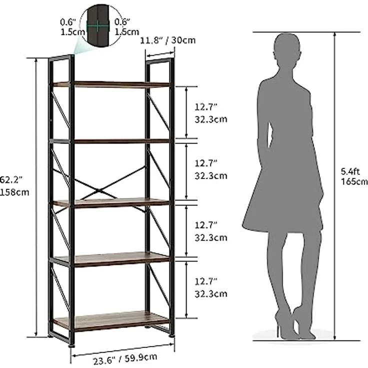 YITAHOME Bücherregal mit 5 Ebenen, Industrielles Standregal Aufbewahrungsregale für Wohnzimmer Bücher Schlafzimmer Büro Küche Zeitschriften, Grau – Bild 3