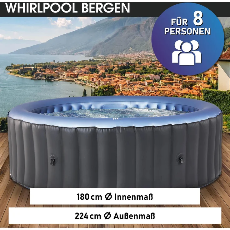 BRAST Whirlpool aufblasbar MSpa Bergen XXL für 8 Personen Ø224X70cm In- Outdoor Pool Ganzjähriger Einsatz 144 Massagedüsen Stromsparend inkl. Energiespar-Timer – Bild 2