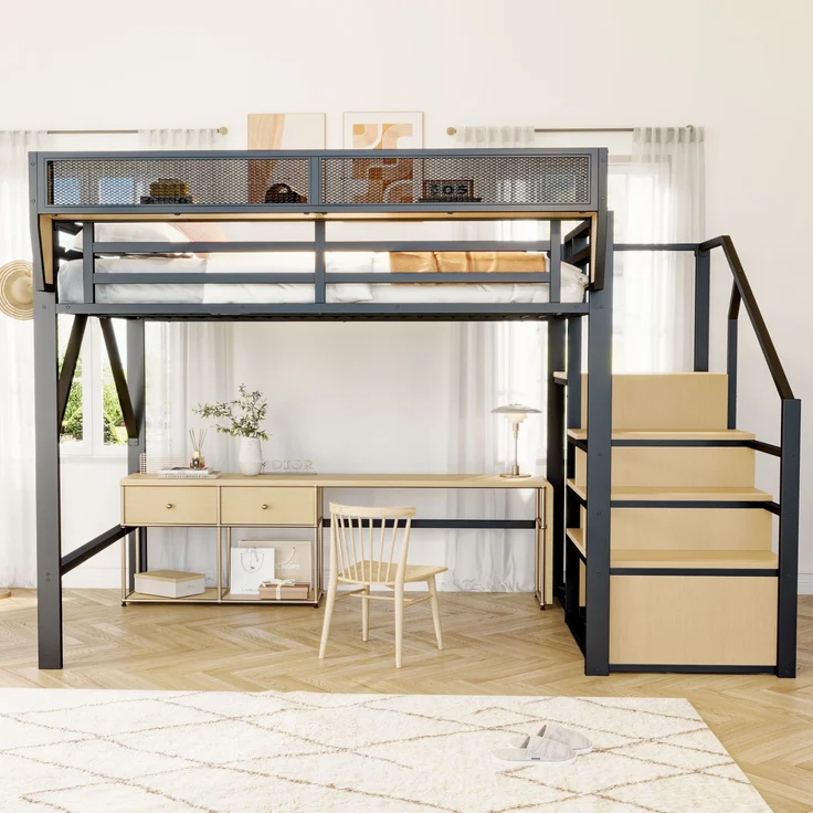 EINHOM Hochbett 140 x 200 cm mit Sicherheitsleiter und Flexiblem Staufach, Metallbett Erwachsenenbett Kinder-Etagenbett Schwarz (Ohne Matratze) – Bild 4