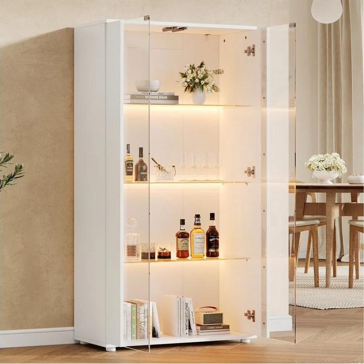 i@home Glasvitrine mit LED Beleuchtung und Glastüren, Moderner Vitrinenschrank 4-Lagen Glasvitrine Vitrinenschrank,Weiß, 80×36×150cm, modernes Design – Bild 1