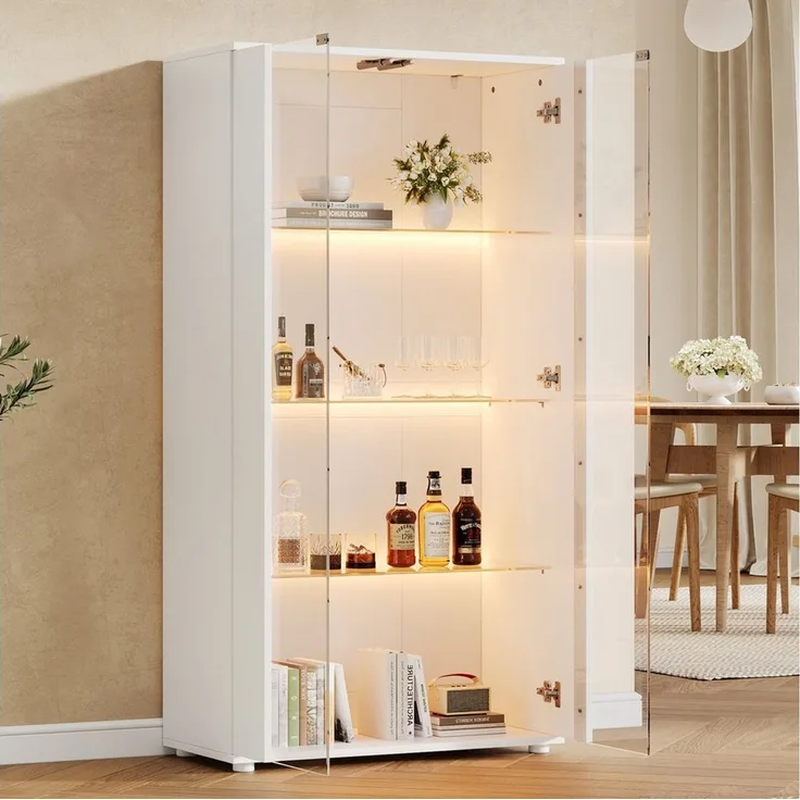 i@home Glasvitrine mit LED Beleuchtung und Glastüren, Moderner Vitrinenschrank 4-Lagen Glasvitrine Vitrinenschrank,Weiß, 80×36×150cm, modernes Design
