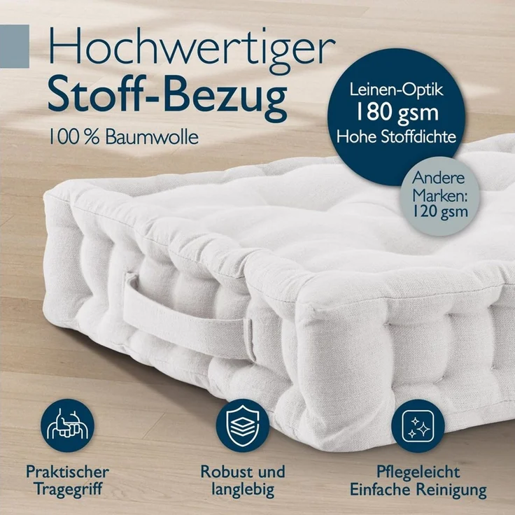 Beautissu Stuhlkissen 4er Set Bodenkissen Sitzkissen Mila, 50x50cm, Natur, Matratzenkissen 10cm, 100% Baumwolle Stuhlkissen Indoor & Outdoor – Bild 3